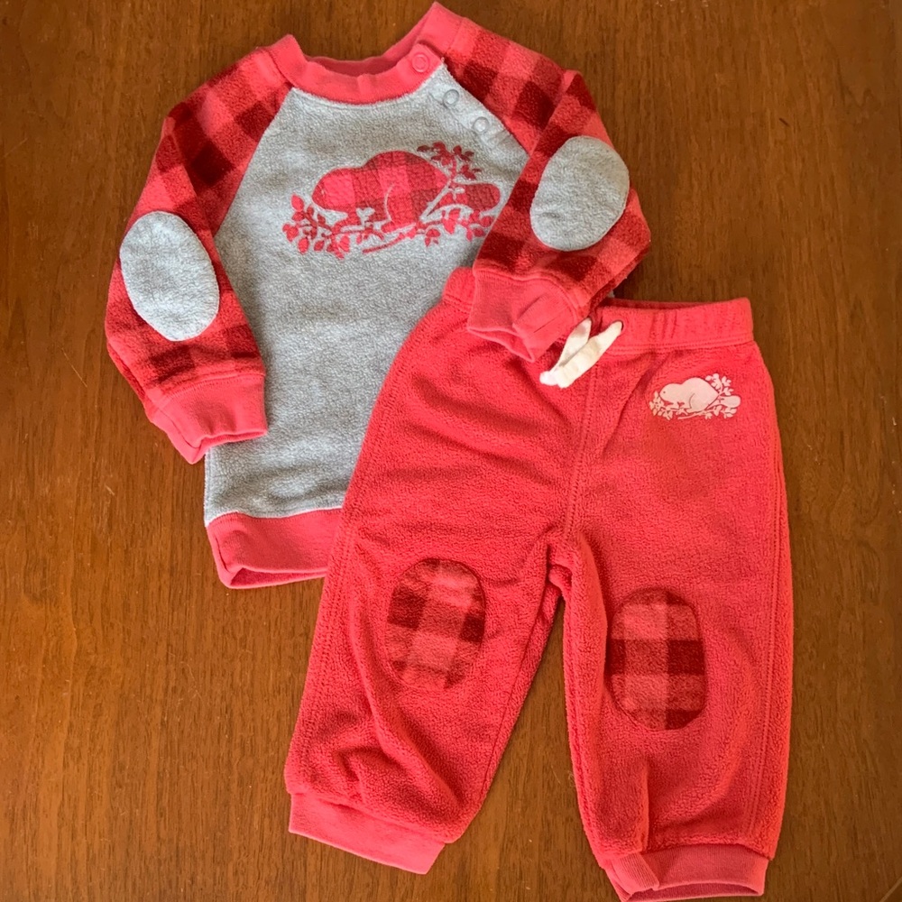 🫐3/$30 Roots Kids Matching Fleece Set - Coral Pink, Red and Gray size 6-12m